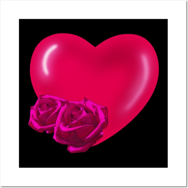 Red Heart with pink roses Wall Art by galaxieartshop